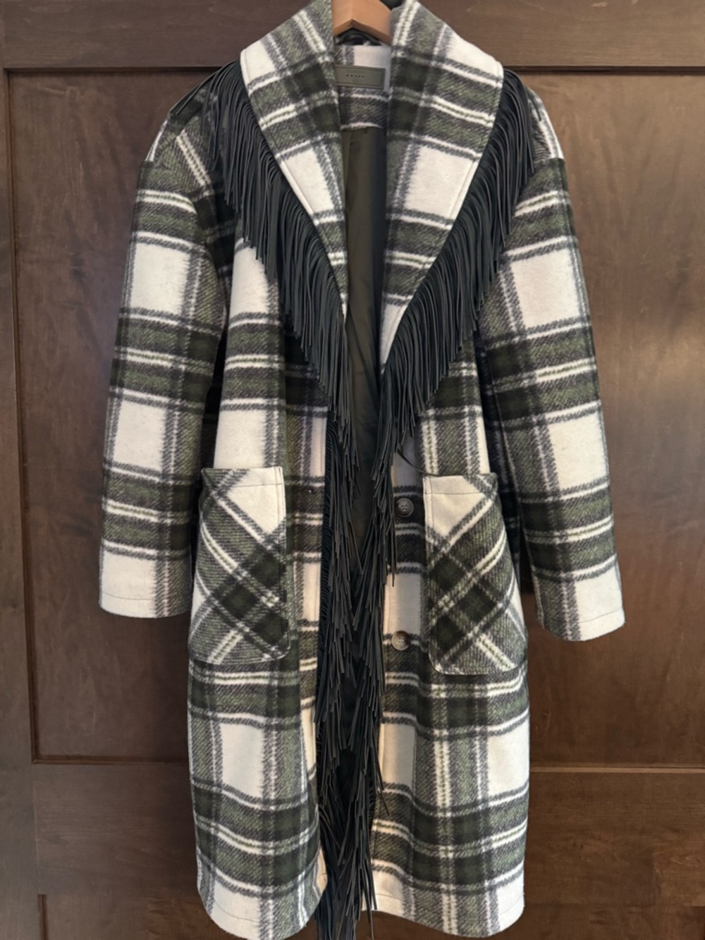 Blank NYC Plaid Fringe Trim Fleece Coat